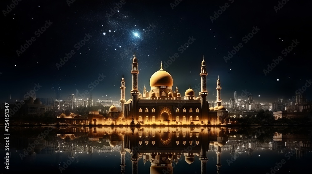 Mesmerizing ramadan kareem: majestic mosque silhouette with golden glitter and radiant shining stars in the night sky

