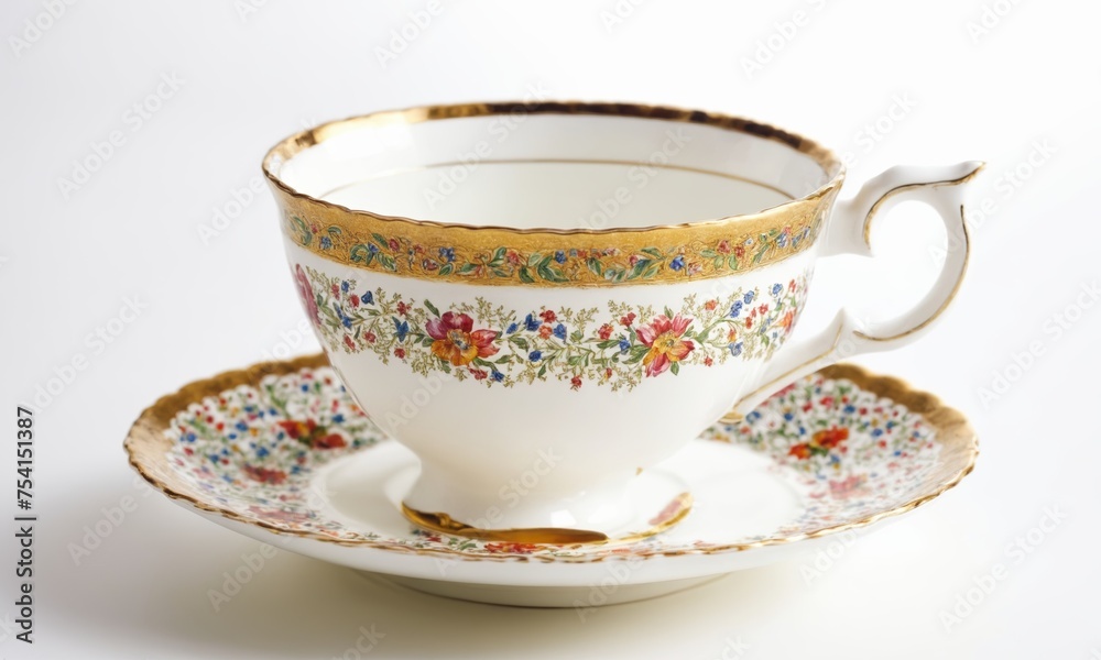 White porcelain cup and saucer with a pattern on a white background White porcelain cup and saucer with a pattern on a white background