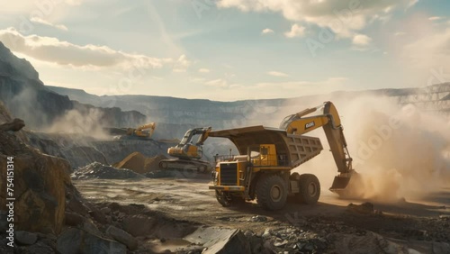A large excavator loads the rock formations into the back of a large truck. open pit coal mining photo