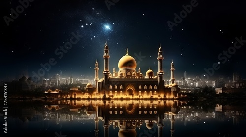 Mesmerizing ramadan kareem: majestic mosque silhouette with golden glitter and radiant shining stars in the night sky