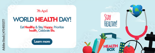 World health day. 7th April World Health Day celebration social media cover banner to promote healthy lifestyle with icons of fruits, vegetables, dumbbell, stethoscope, medicine box, globe vector