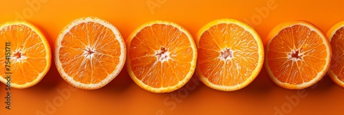 A monochromatic orange palette, Bright orange halves and leaves on a vivid orange background photo