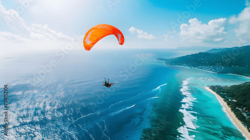 Person parasailing over scenic coastline © Matthias