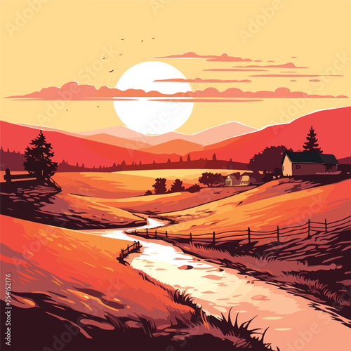 A peaceful countryside sunset vector illustration