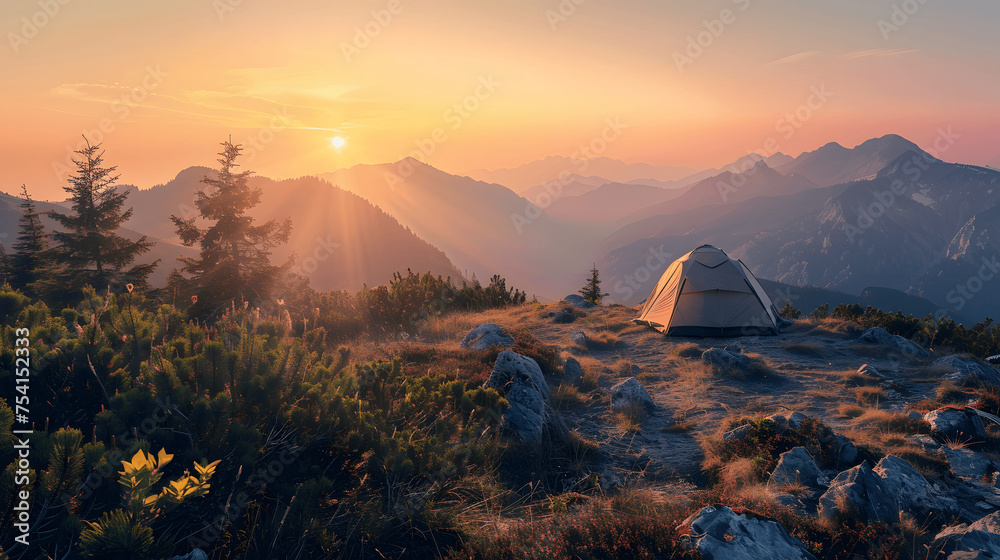 Sunset view from mountain top with camping tent - obrazy, fototapety, plakaty 