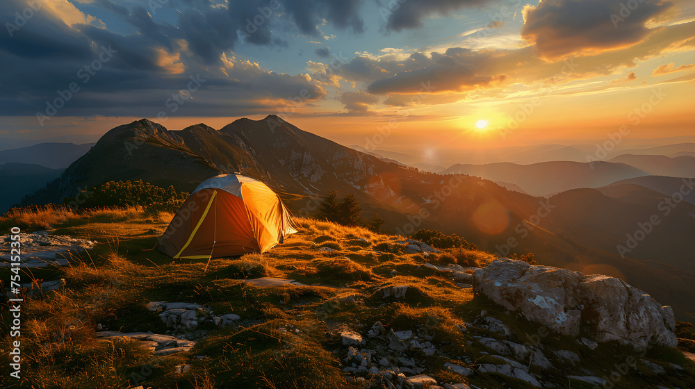Sunset view from mountain top with camping tent