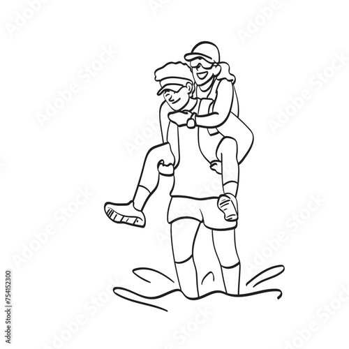 lover couple runner with piggyback in marathon illustration vector hand drawn isolated on white background