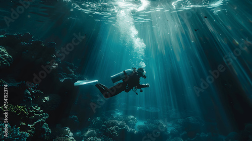 Underwater view of diver near coral reef