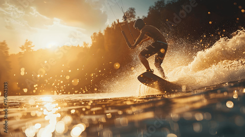 Wakeboarder on sunlit lake, close up action shot © Matthias
