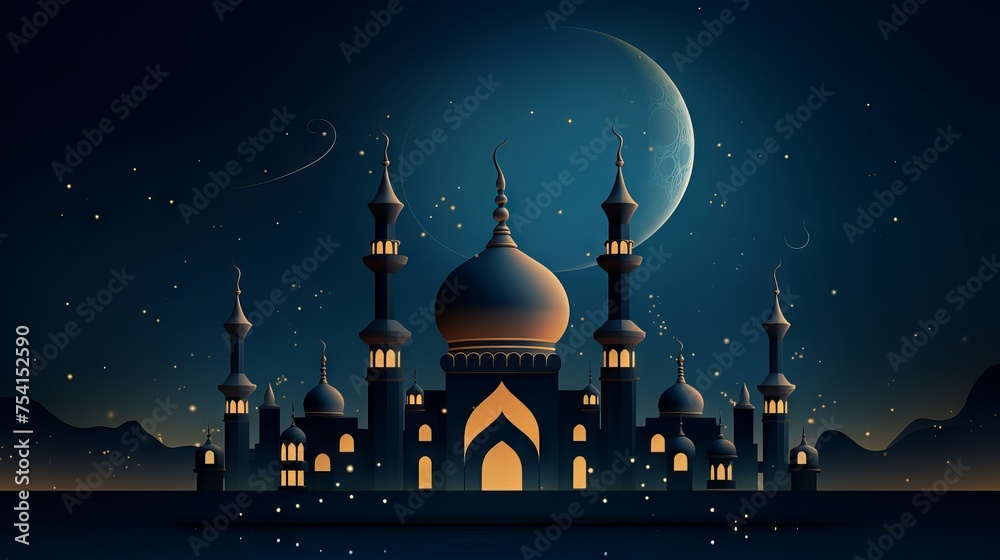 Vibrant ramadan kareem background: majestic crescent moon crowns mosque silhouette in cultural celebration
