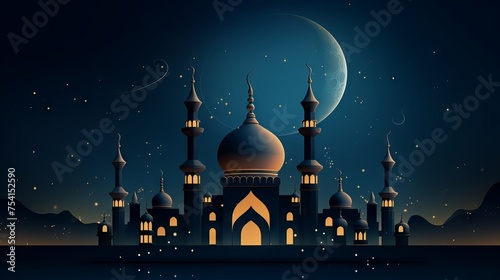 Vibrant ramadan kareem background: majestic crescent moon crowns mosque silhouette in cultural celebration  © Nayyab