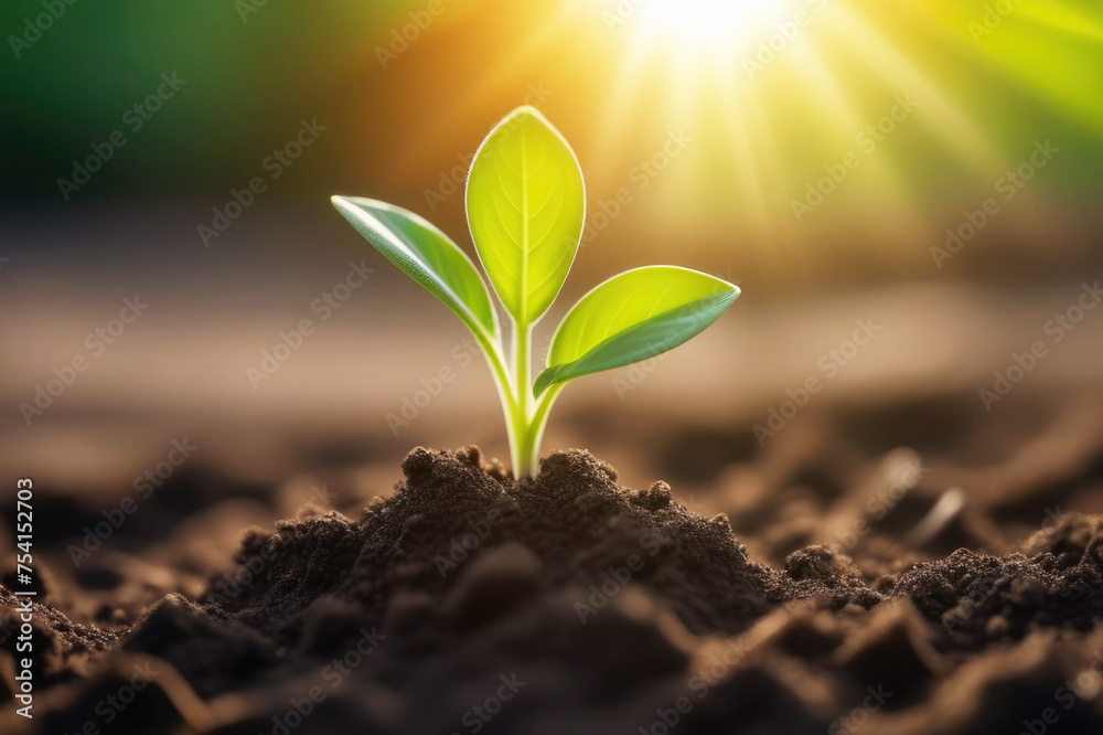 Young plant sprout over soil in morning sunshine. Planting green seedling. Nature, Earth day, organic gardening, ecology and ecological balance, new life, eco, zero waste, plastic free, investment