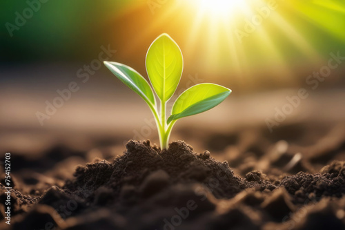 Young plant sprout over soil in morning sunshine. Planting green seedling. Nature, Earth day, organic gardening, ecology and ecological balance, new life, eco, zero waste, plastic free, investment