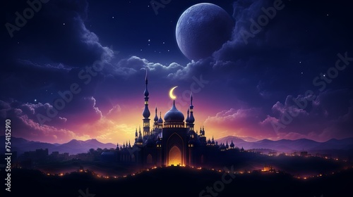 Vibrant ramadan kareem background: crescent moon atop majestic mosque, symbolizing sacred observance