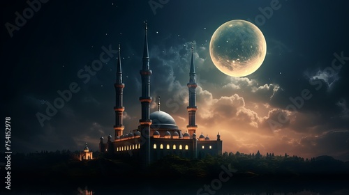 Vibrant ramadan kareem background: crescent moon crowns majestic mosque silhouette