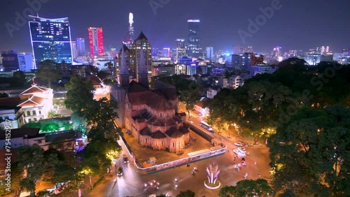4K Movie Top View of Saigon Notre-Dame Cathedral in Ho Chi Minh City, Vietnam photo