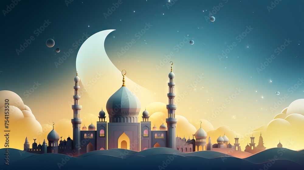 Vibrant ramadan kareem scene: majestic mosque amidst clouds, cultural and religious celebration

