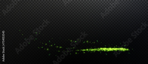 Design element in the form of flying green or emerald comets, wind, dust. Evocation of ecology, purity, nature.  Pleasant air, perfume, aroma, floral dust. Vector illustration.