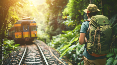 Solitary Traveler Observing Approaching Train in Vibrant Jungle, Sunlit Tropical Forest Path, Solo Adventure Concept Art