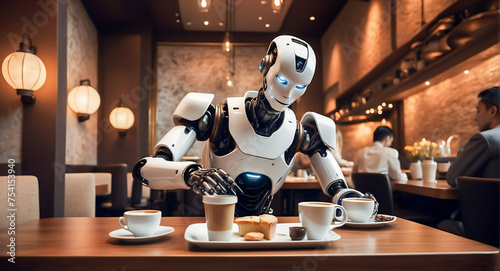 Futuristic humanoid robot at coffee house with coffee cups. Artificial intelligence, robotics concept