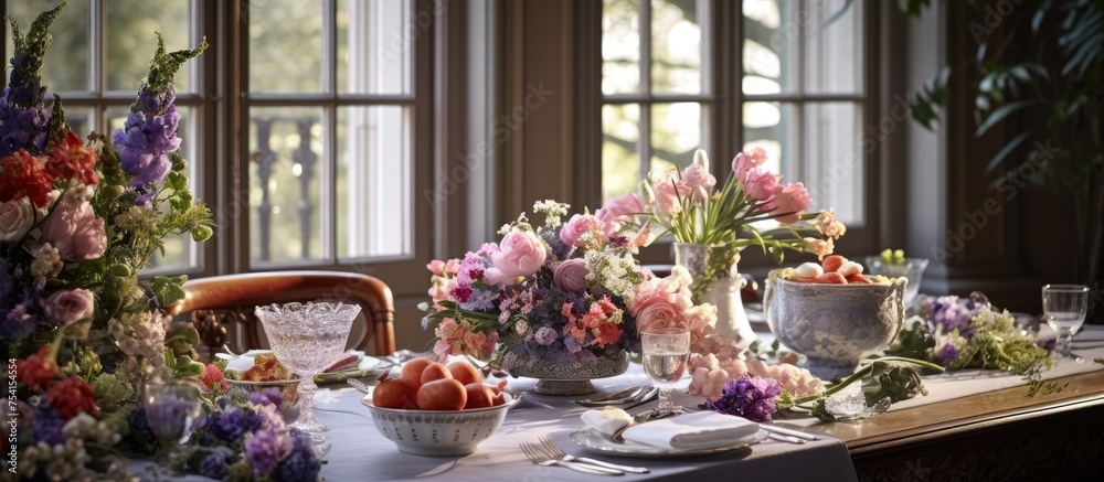 A dining table covered with an assortment of colorful flowers arranged in vases. The flowers are vibrant and varied, adding a touch of nature to the indoor setting. A dining table covered with an assortment of colorful flowers arranged in vases. The flowers are vibrant and varied, adding a touch of nature to the indoor setting.