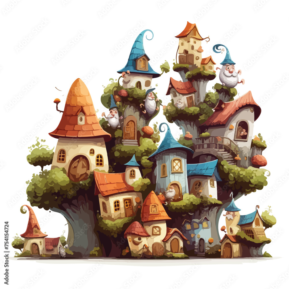 A whimsical gnome village vector illustration