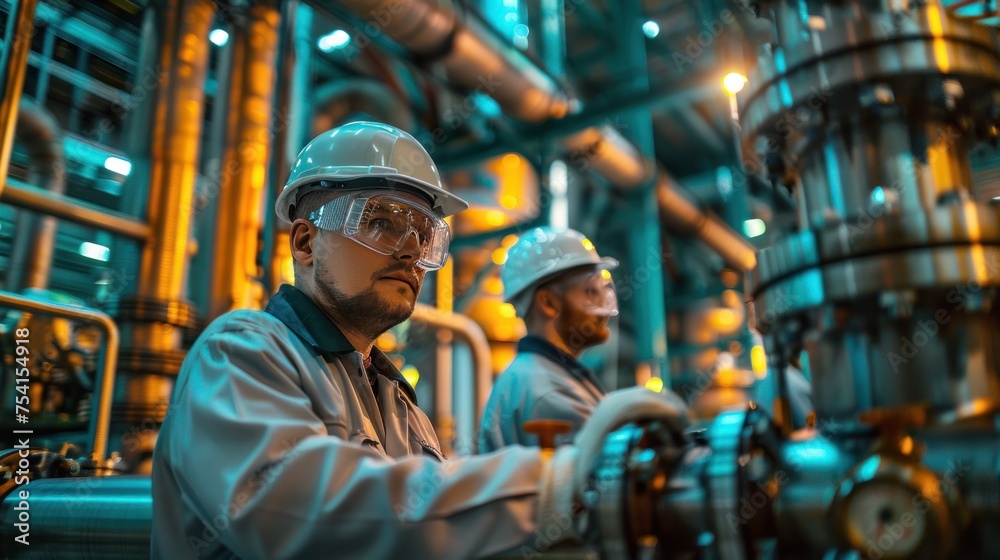 An employee at a chemical refinery wearing a uniform, eye shield glasses, and a hard hat checks pipes and machinery.