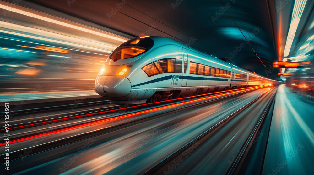 Speed train overtaking, utilizing rear curtain sync for a dynamic motion effect.