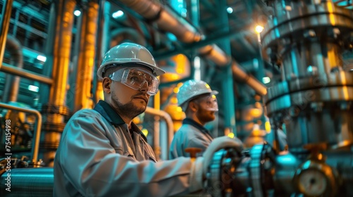 An employee at a chemical refinery wearing a uniform, eye shield glasses, and a hard hat checks pipes and machinery.