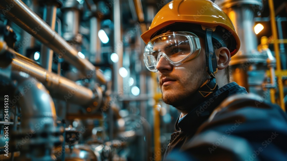 An employee at a chemical refinery wearing a uniform, eye shield glasses, and a hard hat checks pipes and machinery.