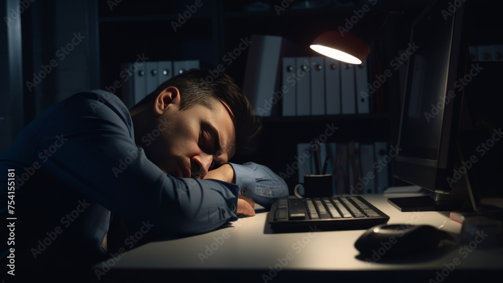 Tired businessman sleeping at his working place office with head on the desk near monitor of computer