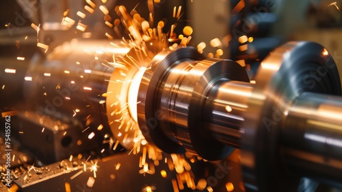 metalworking industry: finishing metal working internal steel surface on lathe grinder machine with flying sparks