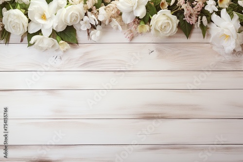 Beautiful flowers on white wooden background. Flat lay, top view © tnihousestudio
