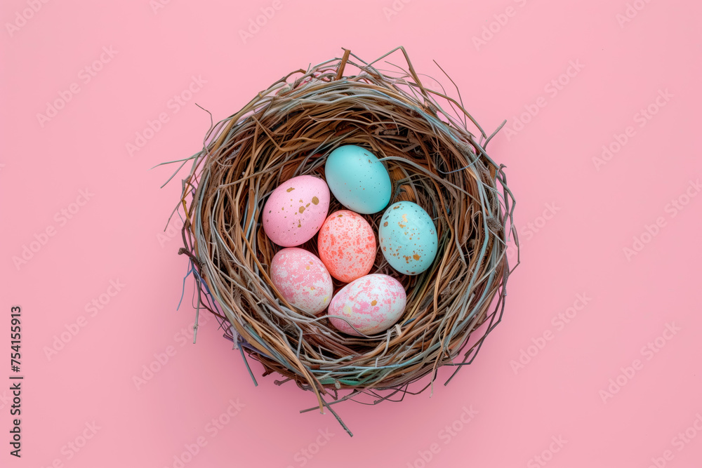 Fototapeta premium A birds nest with pastel Easter eggs, each uniquely painted with unique pattern on a solid background