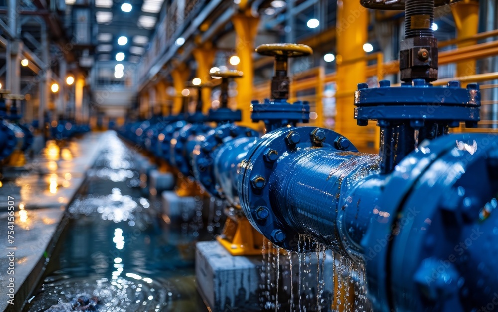 Water pump valves ensure clean water supply in power substations, servicing vast industrial estates with essential pipes and fittings. - obrazy, fototapety, plakaty 
