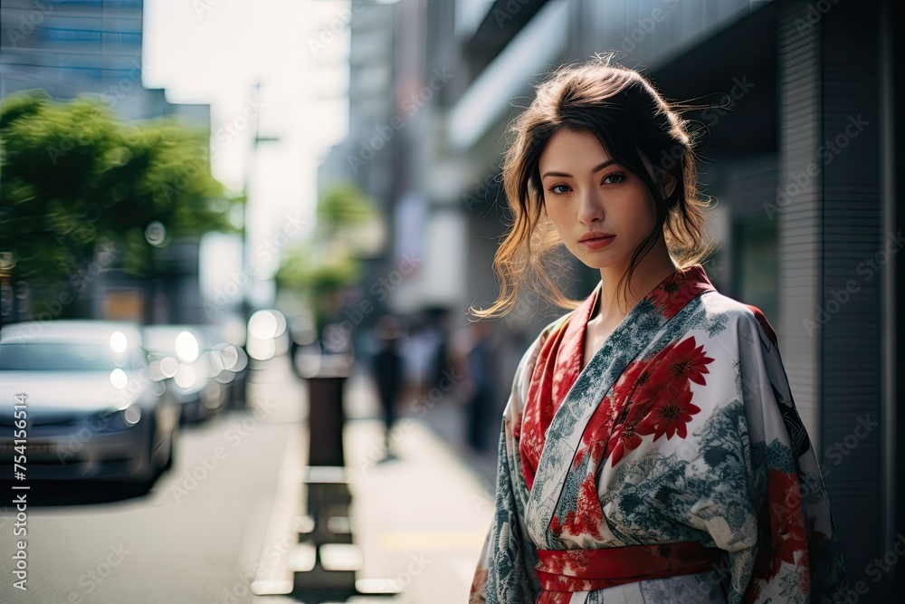 Beautiful young woman in kimono walking in the city. Beautiful young woman in kimono walking in the city.