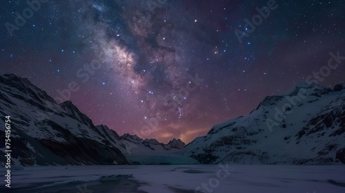 Starry sky with Milky Way over Morteratsch Glacier in Bernina Group, St Moritz, Engadine, Grisons, Switzerland, Europe photo