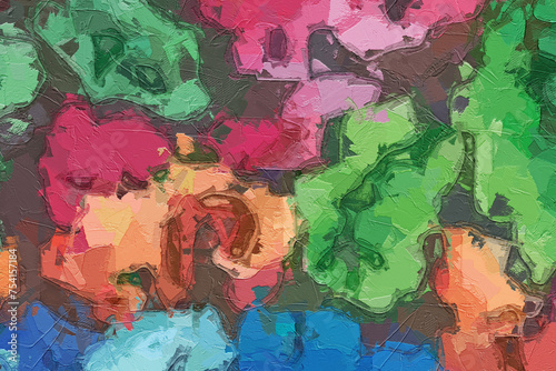 Oil painting and various flowers, roses, peonies, butterflies, dragonflies, beautiful