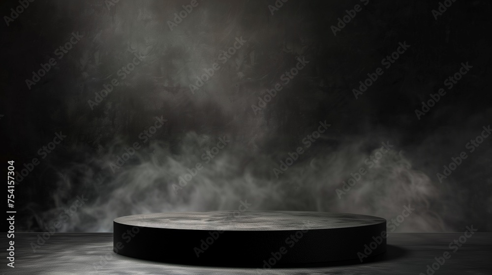 Black stone podium on dark background. Product display platform surrounded by fog, smoke cloud. Dark black floor, table, dramatic empty night room. Concrete wall scene, smoky display studio.