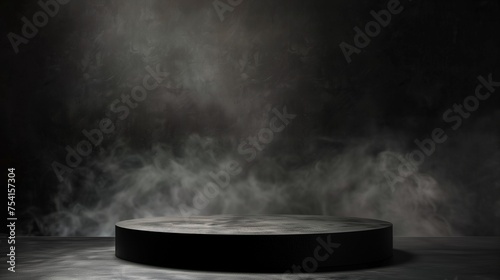 Black stone podium on dark background. Product display platform surrounded by fog, smoke cloud. Dark black floor, table, dramatic empty night room. Concrete wall scene, smoky display studio.