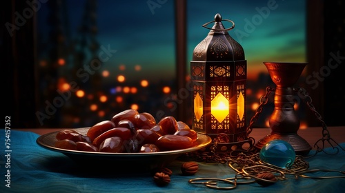 Ramadan kareem: still life with dates, rosary beads, and arabic lantern under crescent moon - cultural and religious image