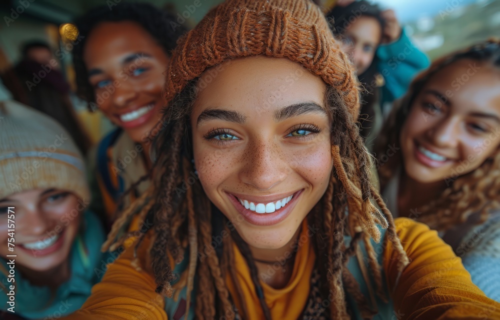 A group of various friends took a selfie in a city, laughing and having fun together. A group of multi-ethnic young people celebrated life with cheerful smiles. The idea of friendship, diversity, yout A group of various friends took a selfie in a city, laughing and having fun together. A group of multi-ethnic young people celebrated life with cheerful smiles. The idea of friendship, diversity, yout