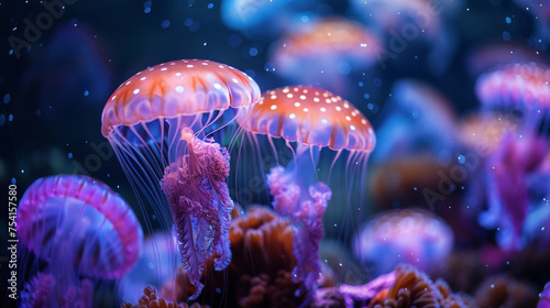 A group of luminous jellyfish with delicate, translucent bodies drift gracefully in an aquarium, their tentacles trailing like ornate strings of pearls in the aquatic light.