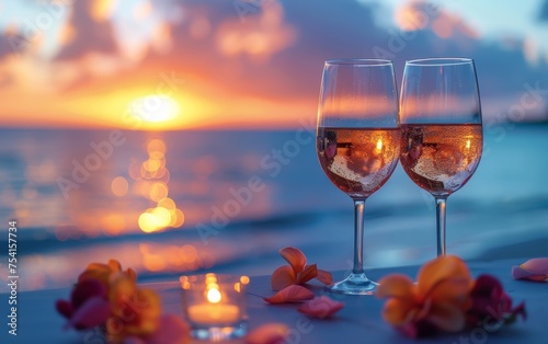 Romantic beach dinner for two, complete with fine dining, rose wine, and a breathtaking sunset view to celebrate Valentine's Day.