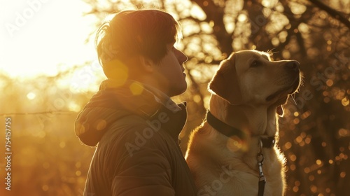 Young man with his yellow labrador retriever in nature