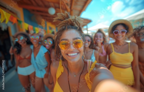 A group of various friends took a selfie in a city  laughing and having fun together. A group of multi-ethnic young people celebrated life with cheerful smiles. The idea of friendship  diversity  yout