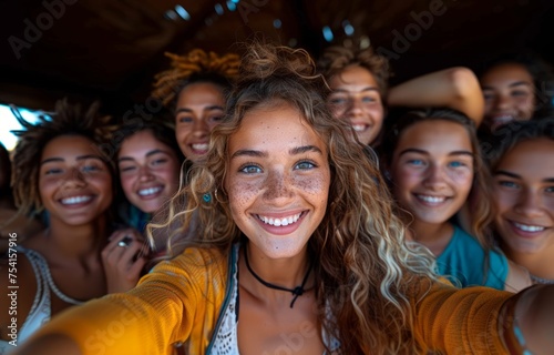 A group of various friends took a selfie in a city, laughing and having fun together. A group of multi-ethnic young people celebrated life with cheerful smiles. The idea of friendship, diversity, yout