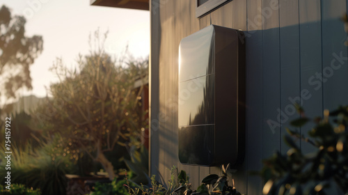Wall-mounted battery in California home glows with advanced technology. Wall-mounted battery in home captures warm sun, emphasizing eco-efficiency.