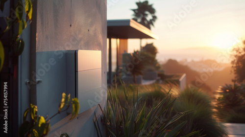 Wall-mounted battery in California home glows with advanced technology. Wall-mounted battery in home captures warm sun, emphasizing eco-efficiency.