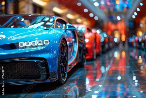 Luxury cars shine under bright lights at an exclusive motor show event, drawing admiring glances from attendees. © tonstock